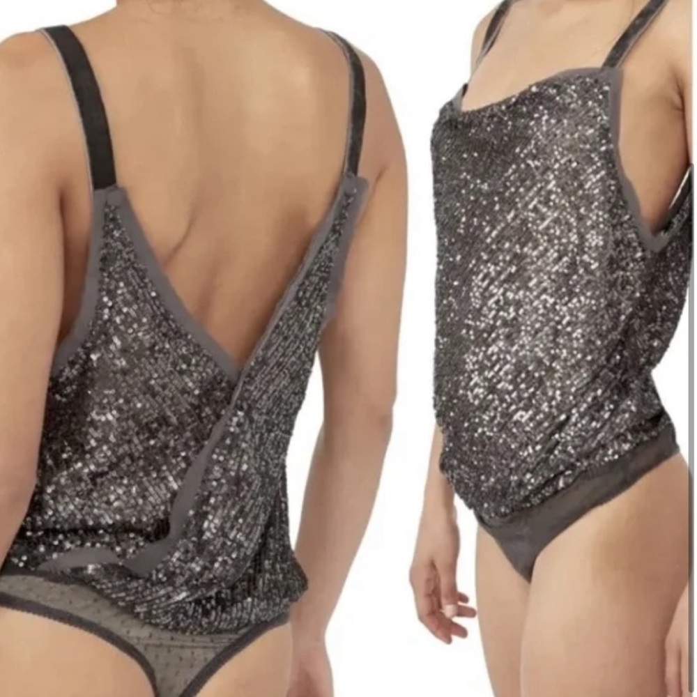NWOT FREE PEOPLE WOMEN'S SHIMMER & SHINE GRAY SEQUINS BODYSUIT in size small - Picture 2 of 5